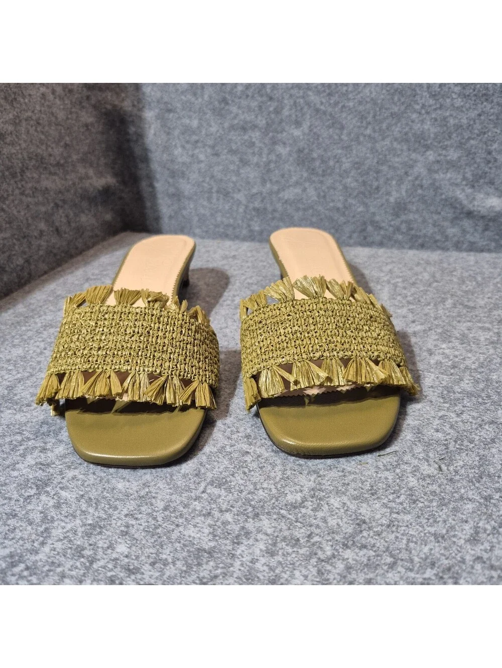 J.Crew Lina Kitten Heels Sandals Woven Raffia Fringe Green Straw & Leather 11